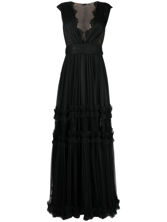 Ana Radu Sleeveless Ruched Maxi Dress — Black/ Red — Size XS — Front View