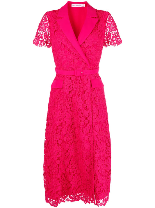 Self Portrait Belted Lace Midi Dress — Red — Size XS — Front View