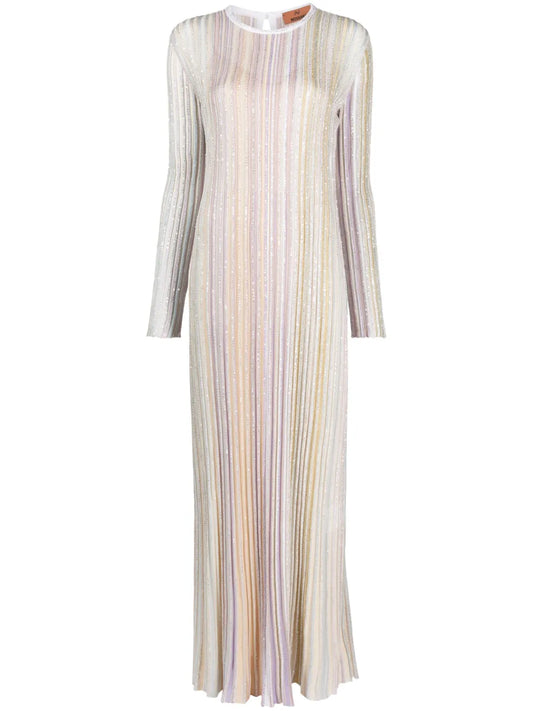 Missoni Sequin Embellished Striped Pleated Dress — Beige/ Red — Size M — Front View