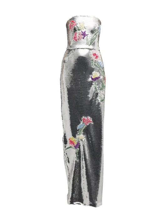 Ml Monique Lhuillier Embroidered Sequin Embellished Dress — Red/ Silver — Size XS — Front View