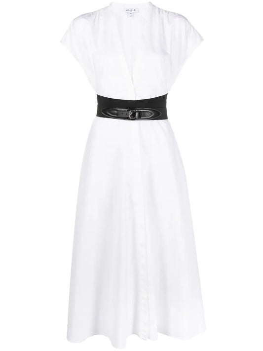Alaia Belted A Line Midi Dress — Black/ White — Size XS — Front View