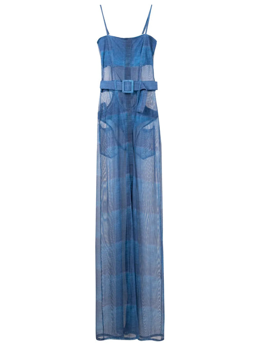 Amir Slama Sheer Finish Belted Waist Maxi Dress — Blue — Size M — Front View