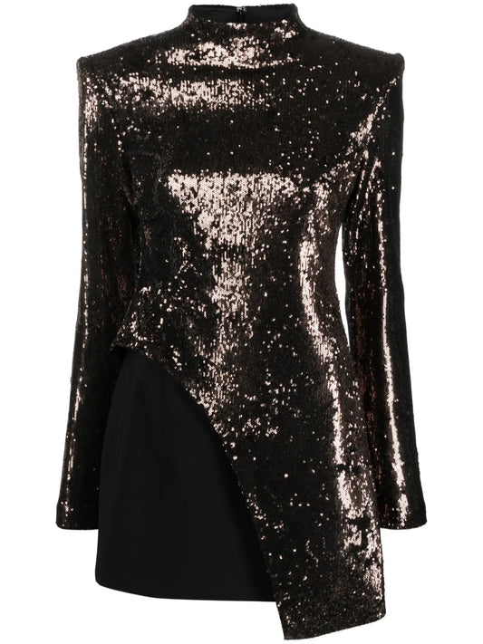 Genny Sequin Embellished Layered Minidress — Black/ Red — Size XS — Front View