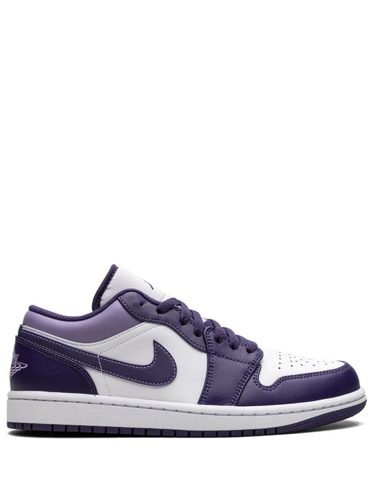Air Jordan 1 Low Sky J Purple Sneakers — Dark Purple/Lilac Purple/White — Size US M 10.5 - US W 12 — Front View