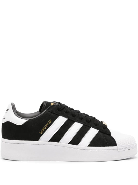 adidas Superstar Xlg Suede Leather Sneakers — Black/White/Gold-Tone — Size US M 9.5 - US W 11 — Front View