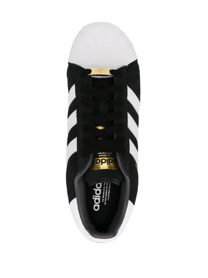 adidas Superstar Xlg Suede Leather Sneakers — Black/White/Gold-Tone — Size US M 9.5 - US W 11 — Top View