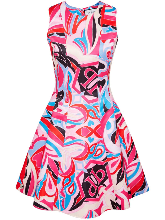 Philipp Plein Colorful Circus Flared Dress — Red/ Pink — Size XS — Front View