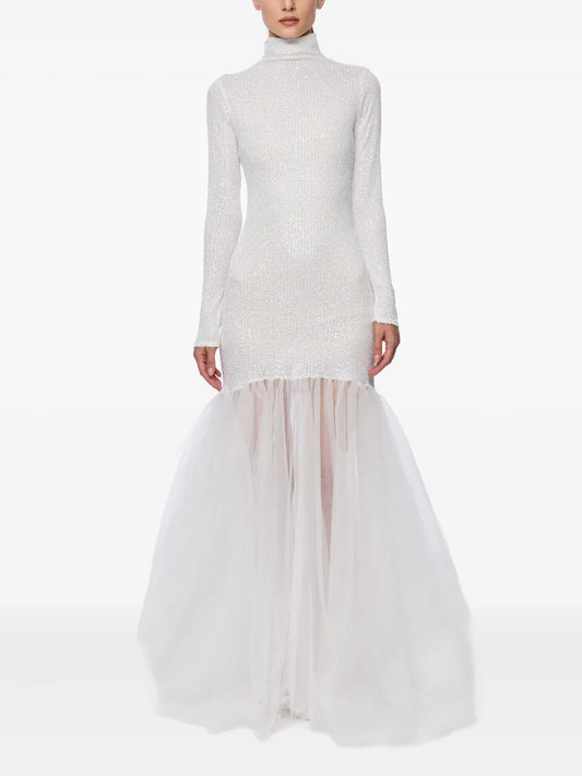 Atu Body Couture High Neck Sequin Mermaid Gown — White/ Cream — Size XS — Front View