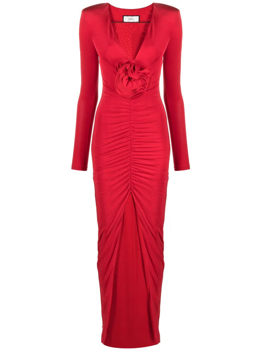 Nissa Floral Applique Ruched Maxi Dress — Red — Size S — Front View