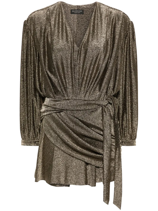 Balenciaga Draped Glittered Mini Dress — Black/ Red/ Gold — Size XS — Front View