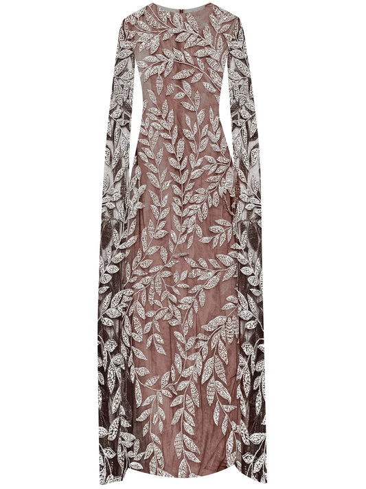 Oscar De La Renta Crystal Embellished Long Sleeve Dress — Beige/ Red — Size XS — Front View
