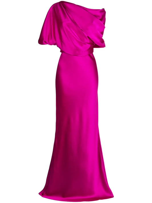 Amsale Off Shoulder Satin Draped Detail Gown — Pink — Size XL — Front View