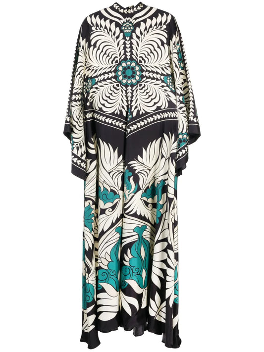 La Doublej Magnifico Abstract Print Silk Dress — Black/ White/ Tan/ Green — Size S — Front View