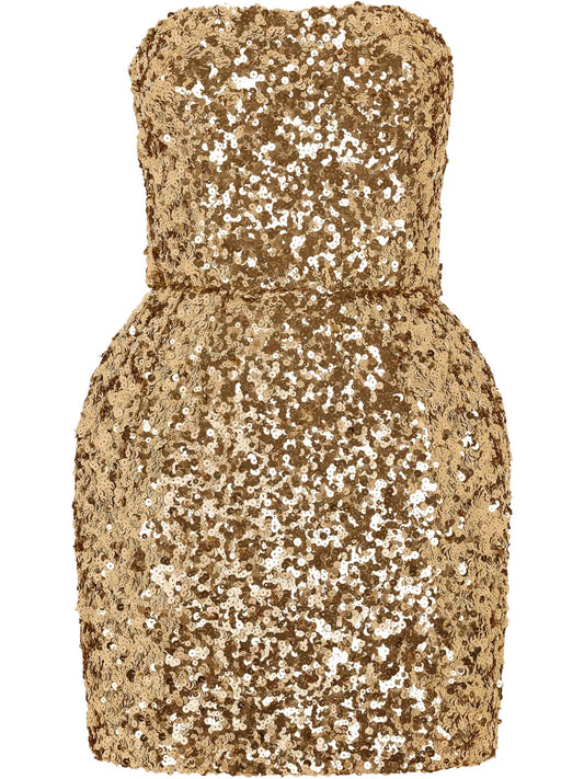 Dolce Gabbana Sequin Embellished Strapless Minidress — Red/ Gold — Size XS — Front View