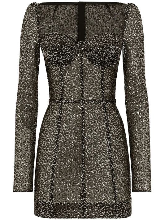 Dolce Gabbana Sequin Embellished Bustier Minidress — Black/ Red — Size XS — Front View