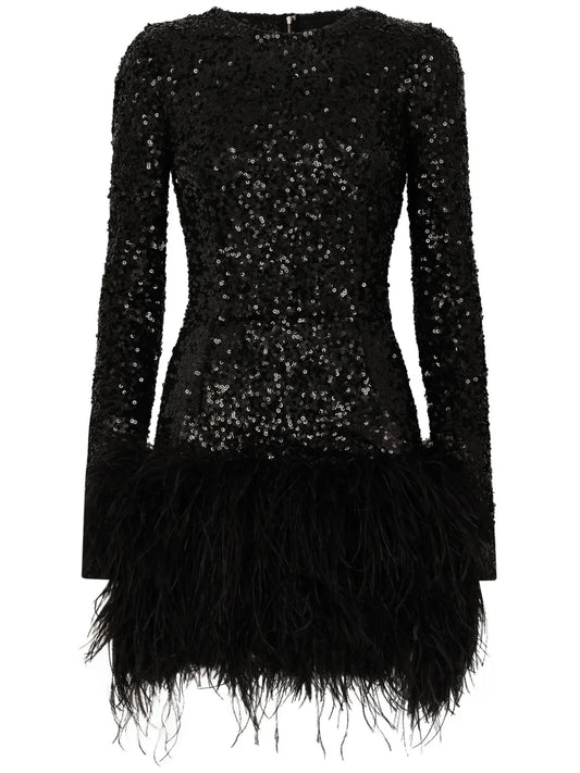 Dolce Gabbana Feather Trim Sequinned Minidress — Black/ Tan — Size S — Front View