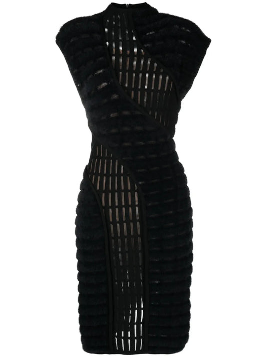 Genny Iconic Panelled Yarn Midi Dress — Black/ Red — Size XS — Front View