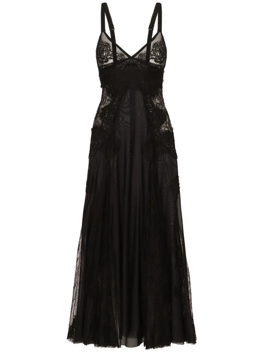 Dolce Gabbana Lace Insert Flared Midi Dress — Black/ Red — Size XS — Front View