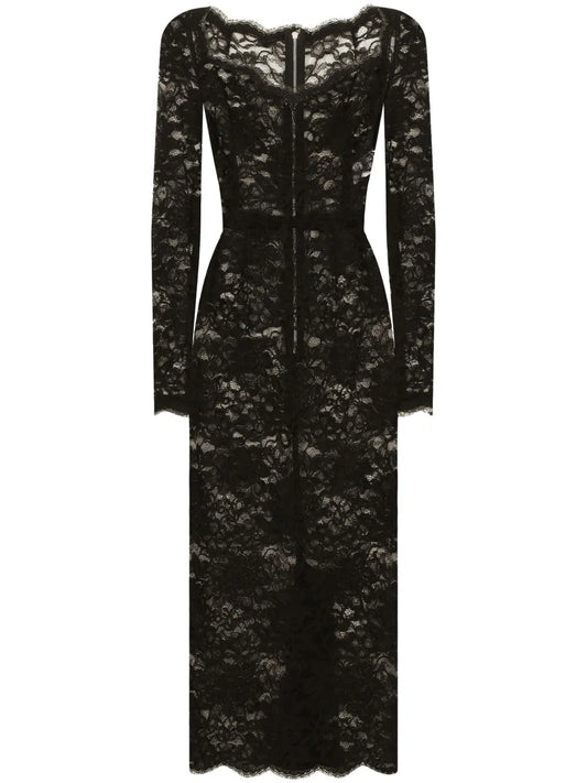 Dolce Gabbana Semi Sheer Lace Midi Dress — Black/ Red — Size S — Front View