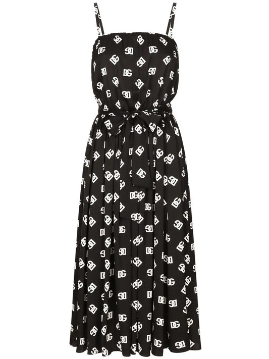 Dolce Gabbana Dg Print Pleated Dress — Black/ White — Size XS — Front View