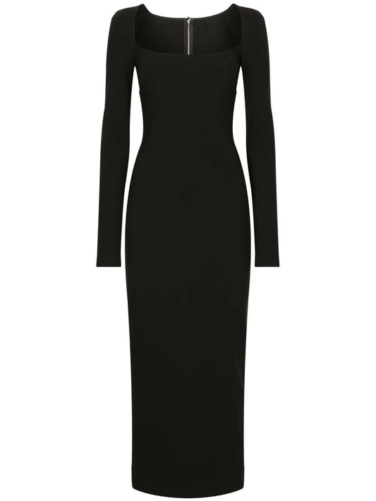 Dolce Gabbana Long Sleeve Square Neck Midi Dress — Black — Size XS — Front View