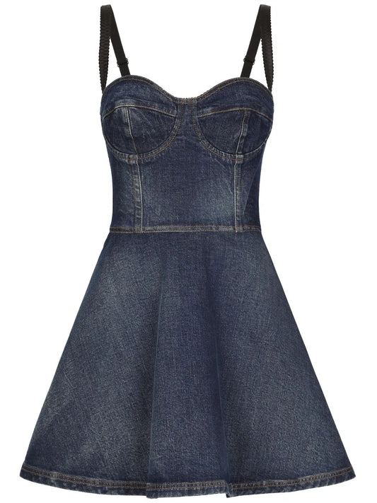 Dolce Gabbana Sweetheart Neck Denim Minidress — Blue/ Navy/ Red — Size XS — Front View
