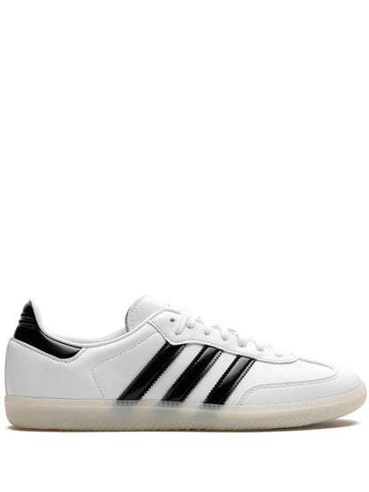 adidas X Jason Dill Samba Patent-Leather Sneakers — White/Black — Size US M 5 - US W 6.5 — Front View