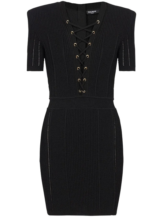 Balmain V Neck Lace Up Minidress — Black/ Gold — Size XS — Front View