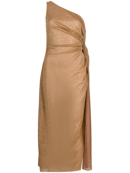 Oseree Knot Embellished Metallic Midi Dress — Brown/ Red — Size XS — Front View