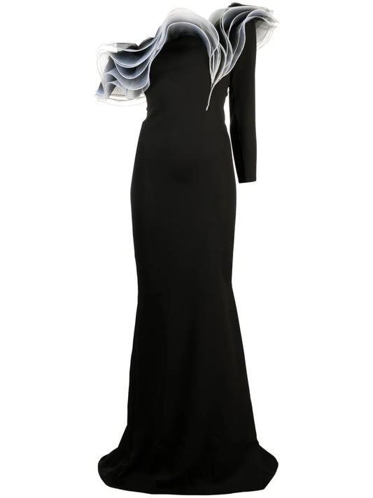 Ana Radu Layered Detail Asymmetric Gown — Black/ Red — Size XS — Front View