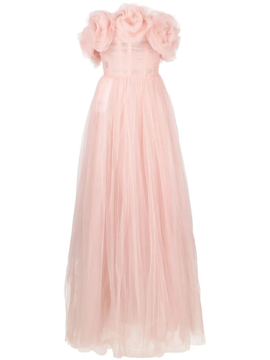 Ana Radu Rose Applique Tulle Gown Dress — Red/ Pink — Size S — Front View