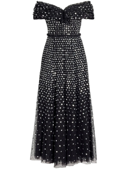Needle Thread Grace Gloss Off Shoulder Gown — Black/ Red — Size M — Front View