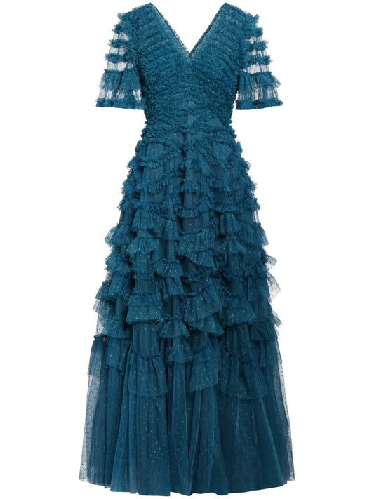 Needle Thread Marilla Ruffled Gown — Blue/ Red — Size S — Front View