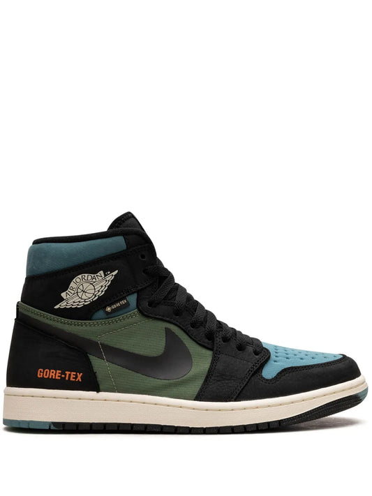 Air Jordan 1 High Element Gore-Tex Sky J Light Olive Sneakers — Black/Blue/Olive Green — Size US M 6.5 - US W 8 — Front View