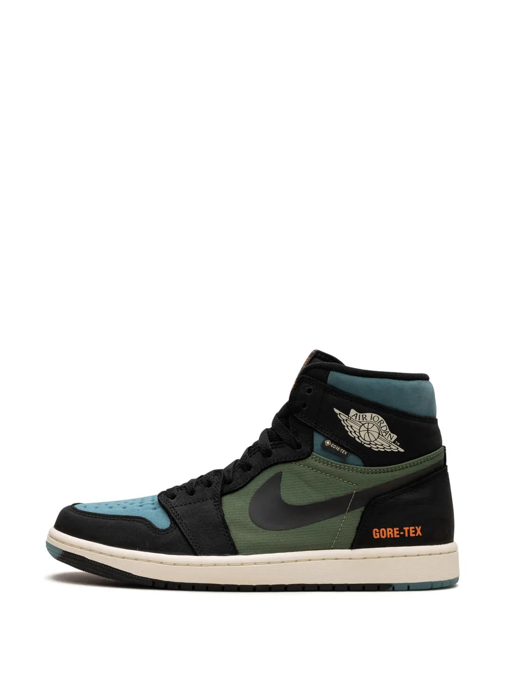 Air Jordan 1 High Element Gore-Tex Sky J Light Olive Sneakers — Black/Blue/Olive Green — Size US M 6.5 - US W 8 — Lifestyle View