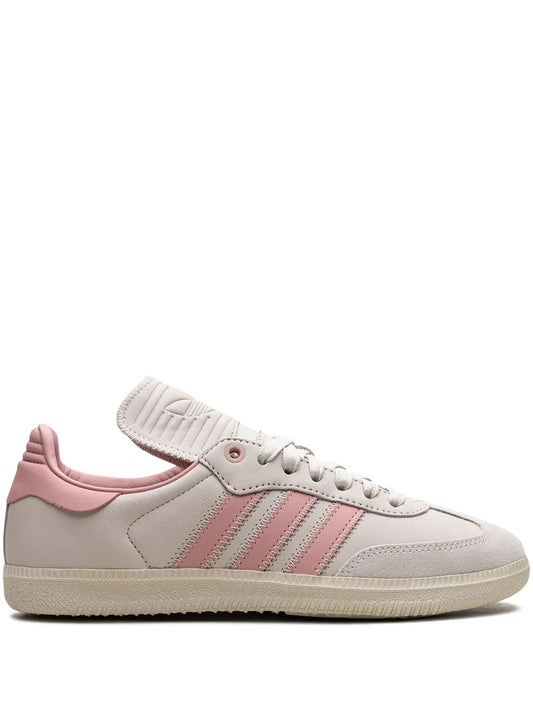 adidas X Pharrell Samba Humanrace Aluminum Sneakers — Light Beige/Pink — Size US M 6 - US W 7.5 — Front View