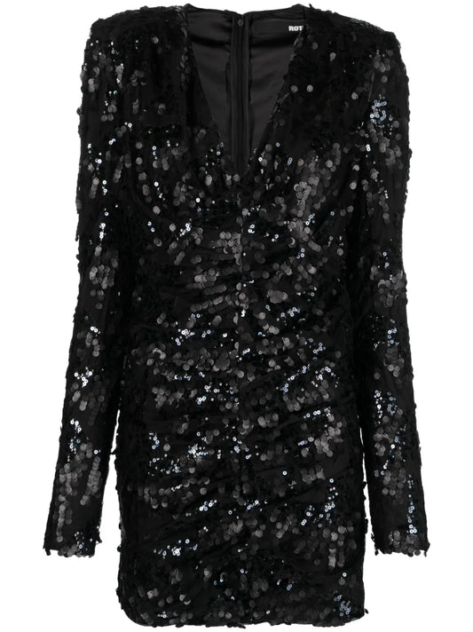Rotate Birger Christensen Sequined Ruched Minidress — Black/ Red — Size XS — Front View