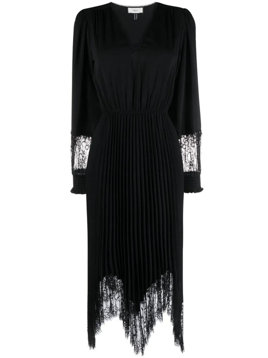 Nissa Lace Trim Pleated Midi Dress — Black — Size S — Front View