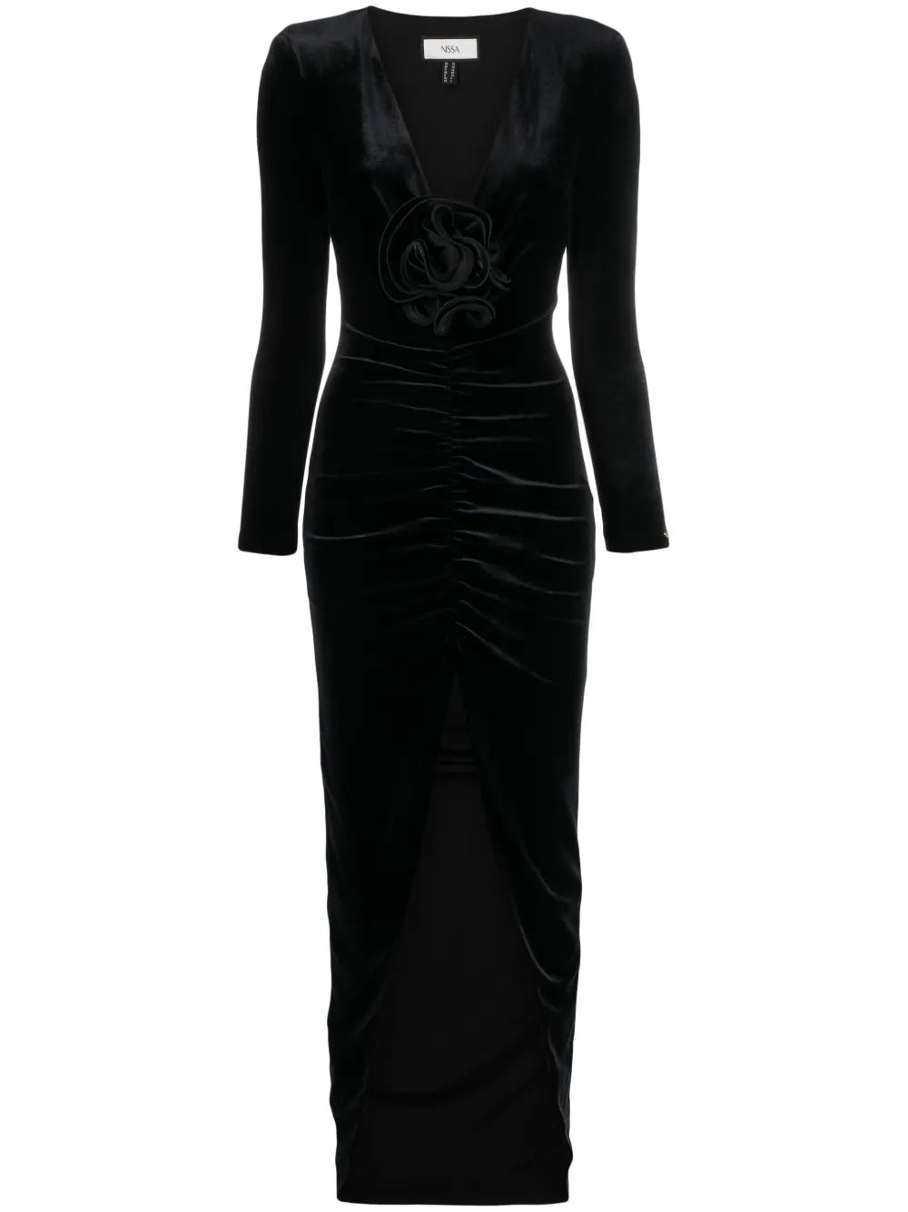 Nissa Floral Detail Velvet Maxi Dress — Black — Size XS — Front View