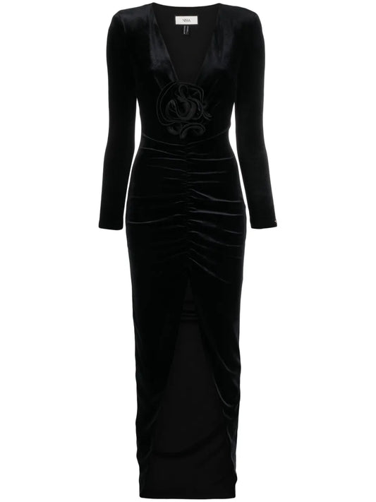 Nissa Floral Detail Velvet Maxi Dress — Black — Size XS — Front View