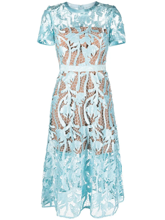 Self Portrait Guipure Lace Flared Midi Dress — Blue/ Red — Size XS — Front View