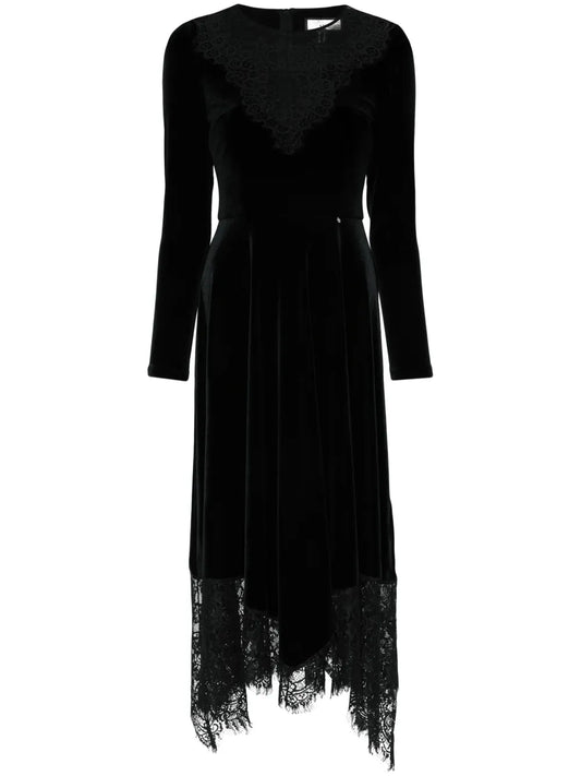 Nissa Floral Lace Velvet Midi Dress — Black/ Red/ Silver — Size XL — Front View