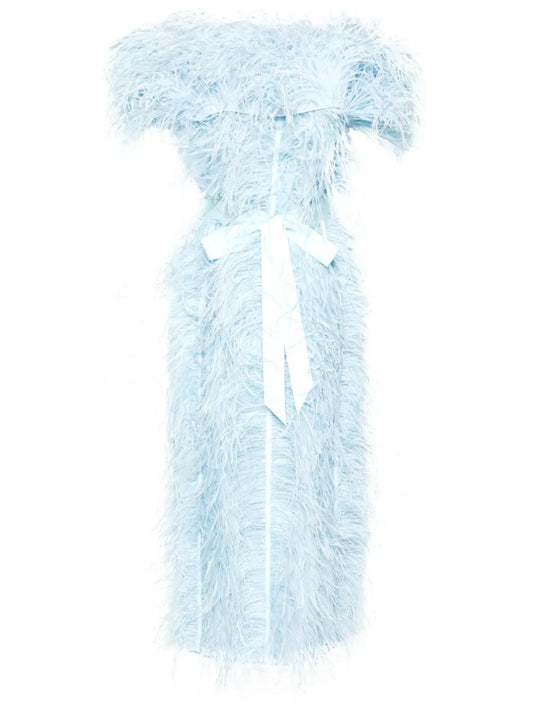 Huishan Zhang Angelina Feather Trim Midi Dress — Blue — Size S — Front View