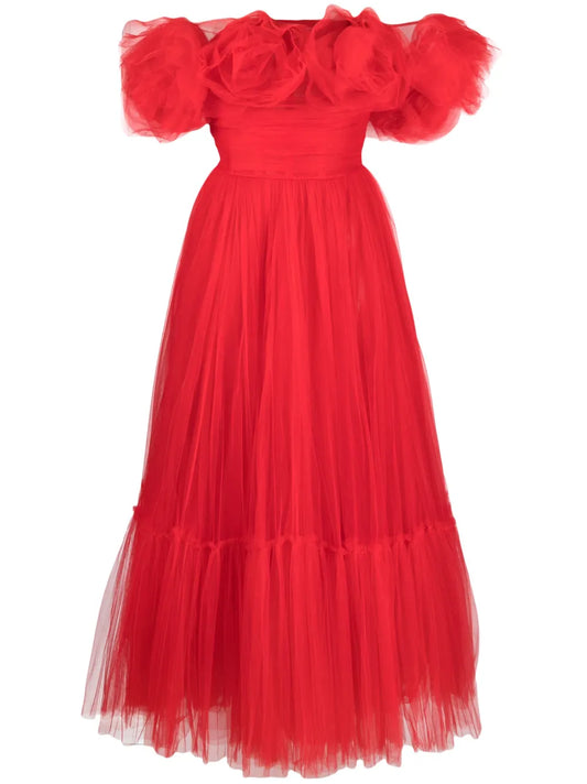 Ana Radu Floral Applique Tulle Midi Dress — Red — Size XS — Front View