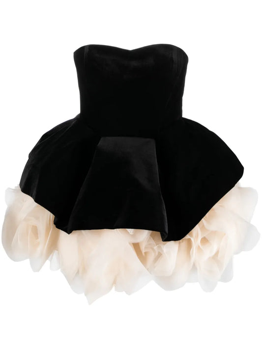 Ana Radu Petal Layer Velvet Mini Dress — Beige/ Black/ Red — Size S — Front View