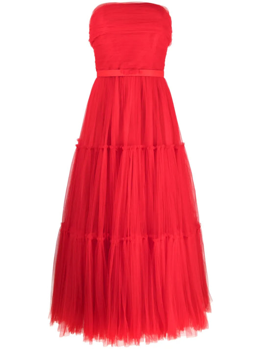Ana Radu Off Shoulder Fluted Maxi Dress — Red — Size XS — Front View