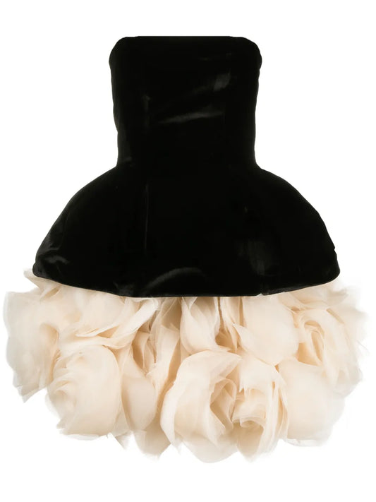 Ana Radu Petal Layered Velvet Mini Dress — Beige/ Black/ Red — Size XS — Front View