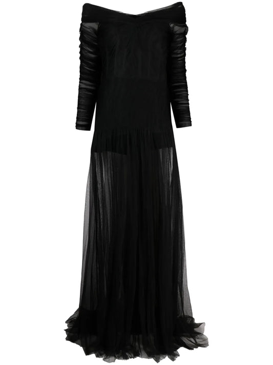 Ana Radu Sheer Overlay Off Shoulder Gown — Black/ Red — Size XS — Front View
