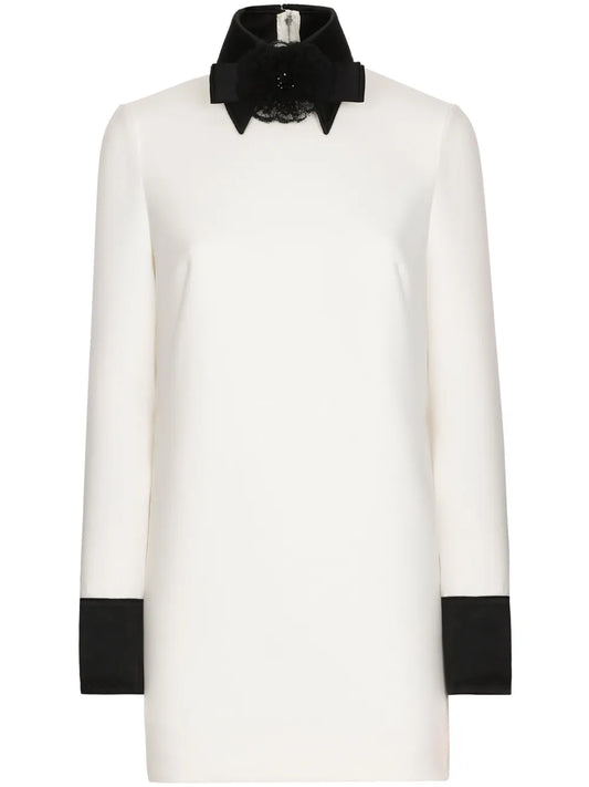 Dolce Gabbana Bow Applique Virgin Wool Blend Minidress — Black/ White — Size S — Front View