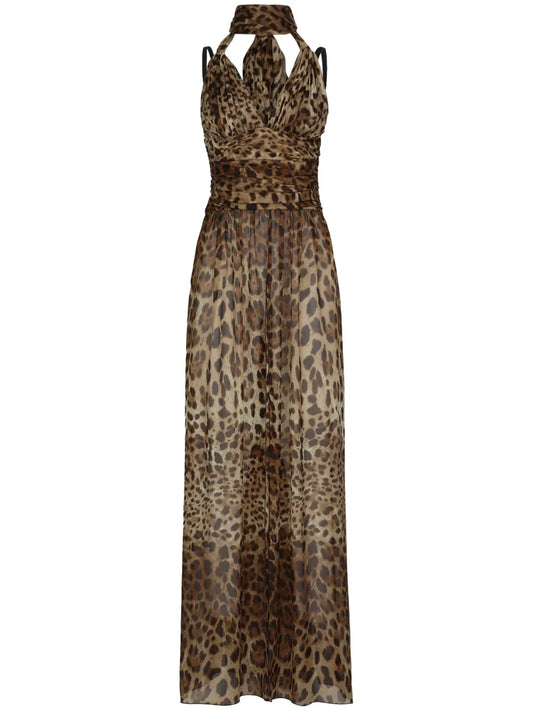 Dolce Gabbana Leopard Print Halterneck Silk Gown — Black/ Brown — Size S — Front View